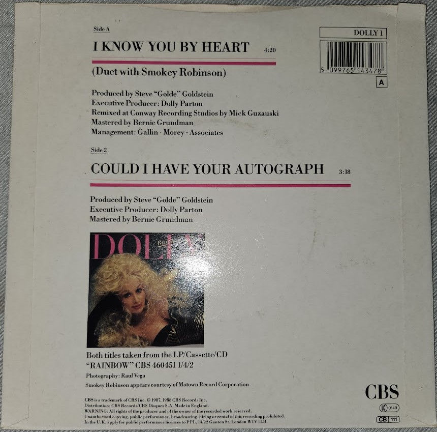 Miniature : Dolly Parton With Smokey Robinson - I Know You By Heart (7", Single) (CBS)
