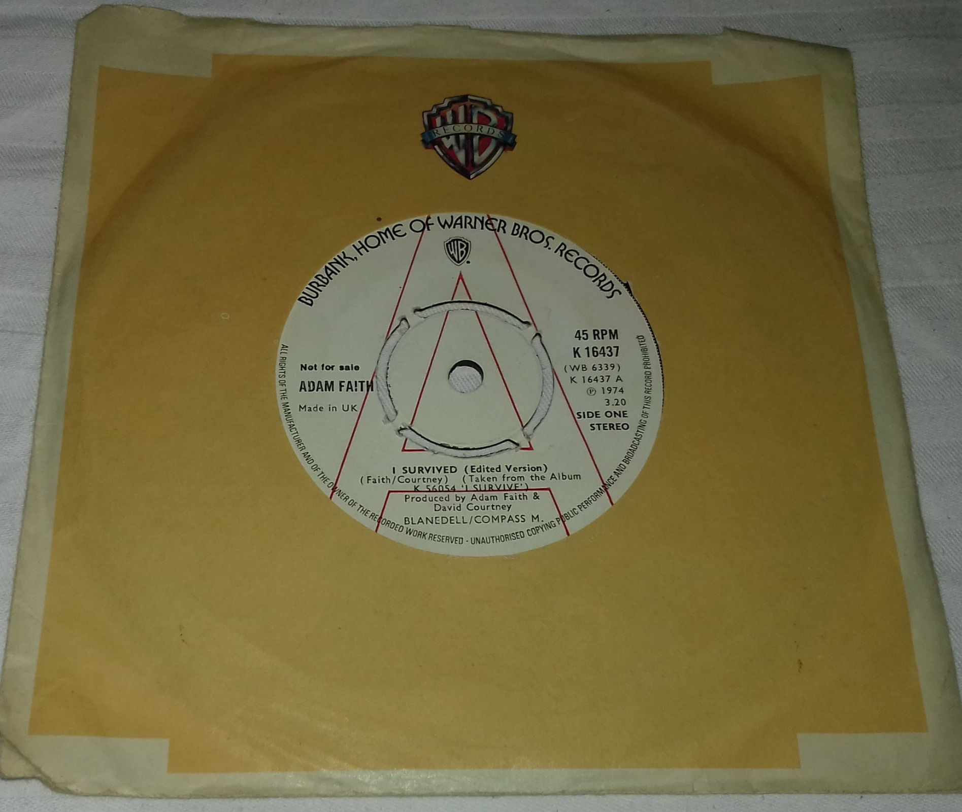 Adam Faith - I Survived (Edited Version) (7", Single, Promo) (Warner Bros. Recor