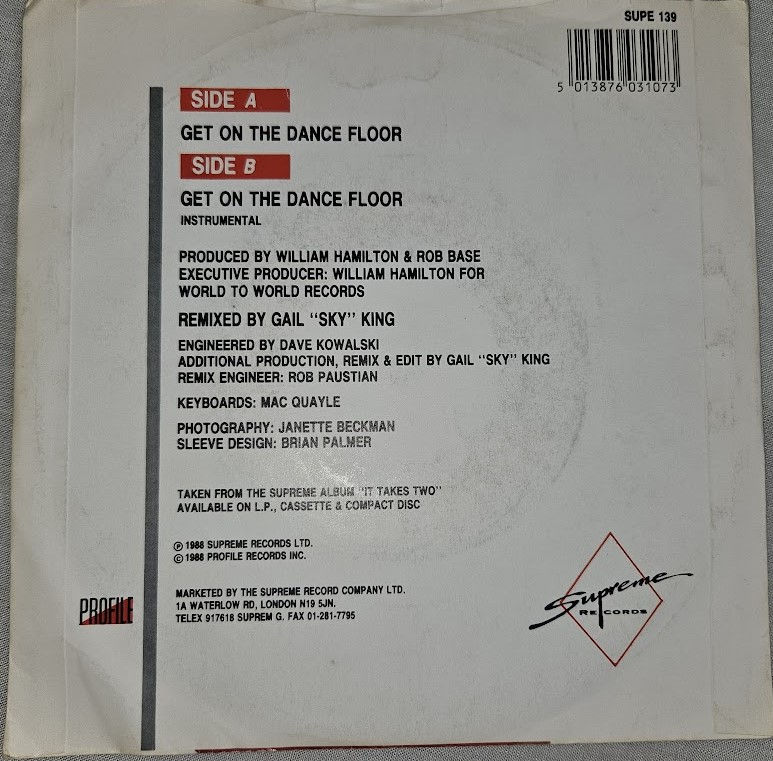 ภาพขนาดย่อ: Rob Base & D.J. E-Z Rock* - Get On The Dance Floor (7", Single) (Supreme Records
