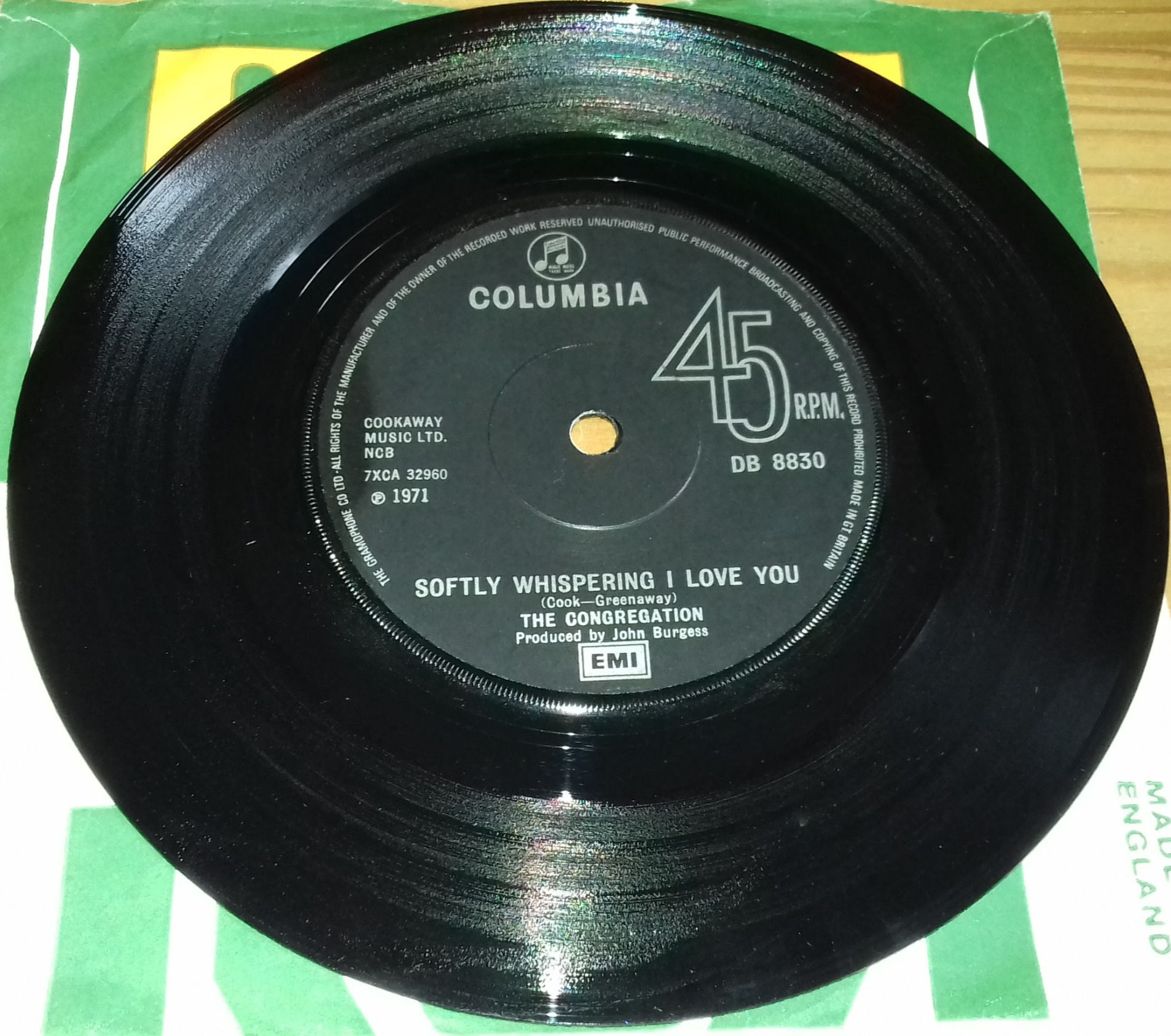 The Congregation* - Softly Whispering I Love You (7", Single, Sol) (Columbia)