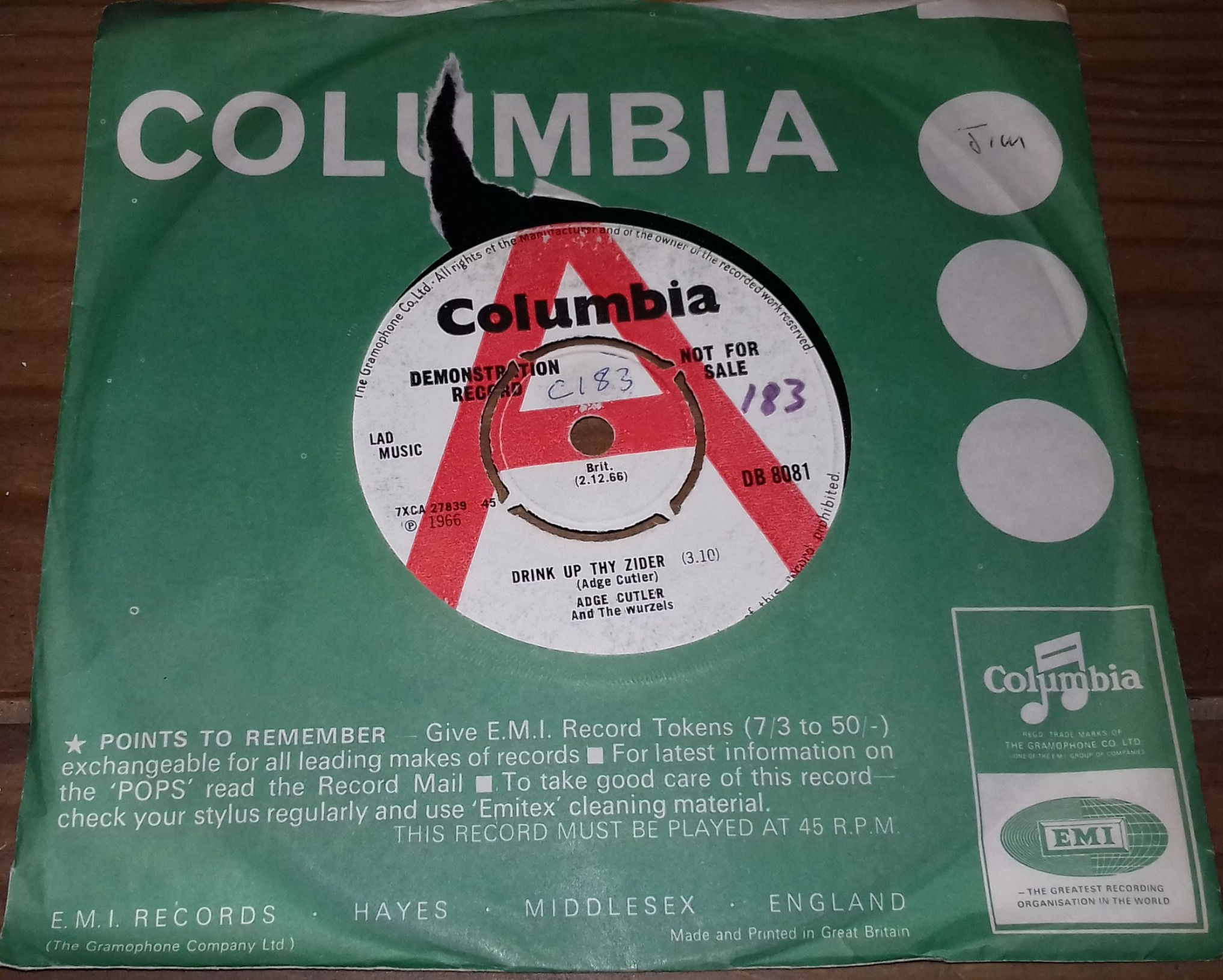 Adge Cutler & The Wurzels - Drink Up Thy Zider (7", Single, Promo) (Columbia)
