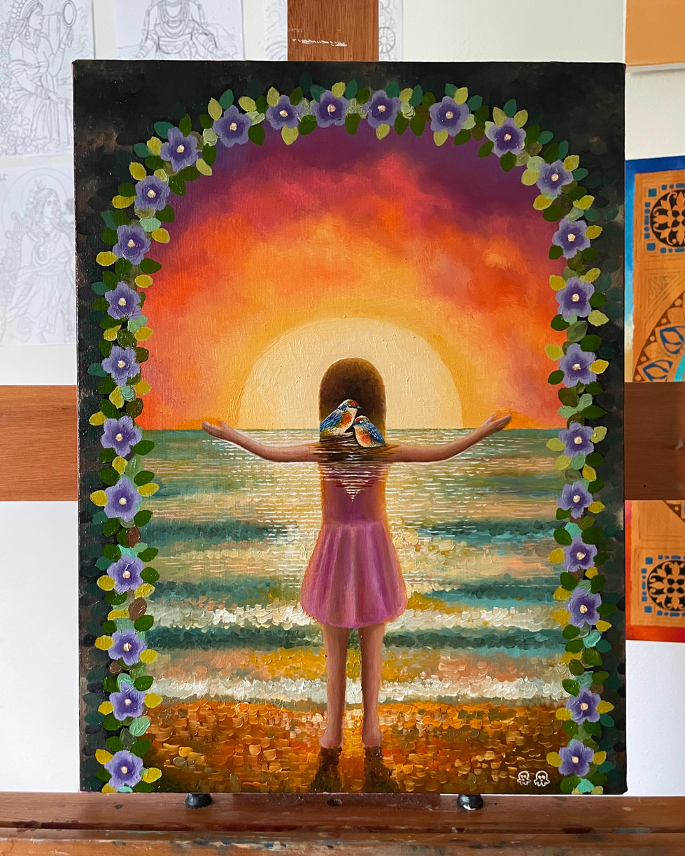 pintura a oleo sobre tela de uma menina vendo um por de sol