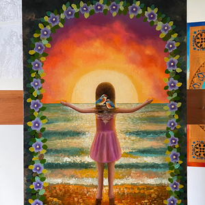 pintura a oleo sobre tela de uma menina vendo um por de sol
