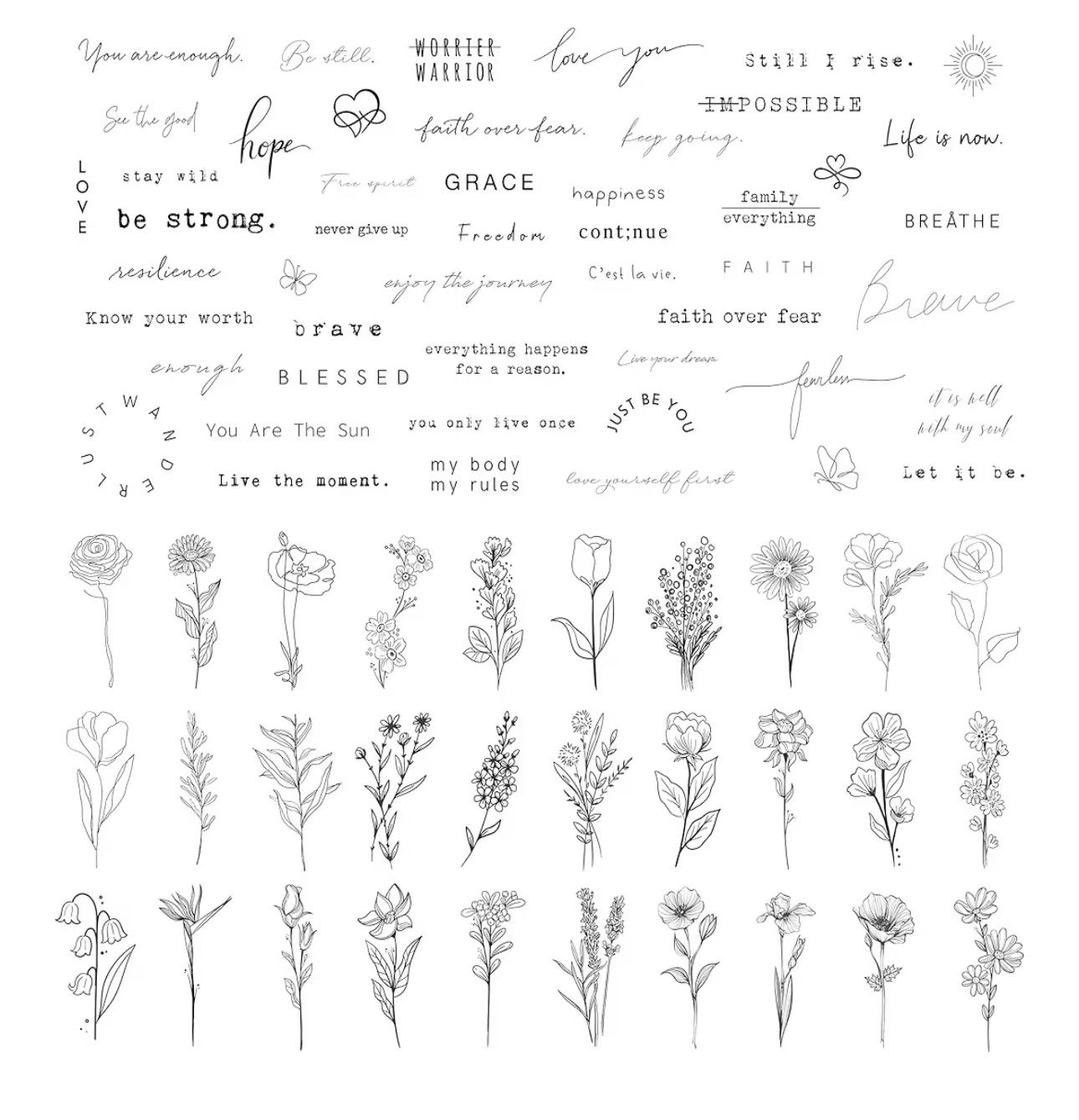 Inspirational Quotes Words & Wild Flower Mixed Temporary Tattoos