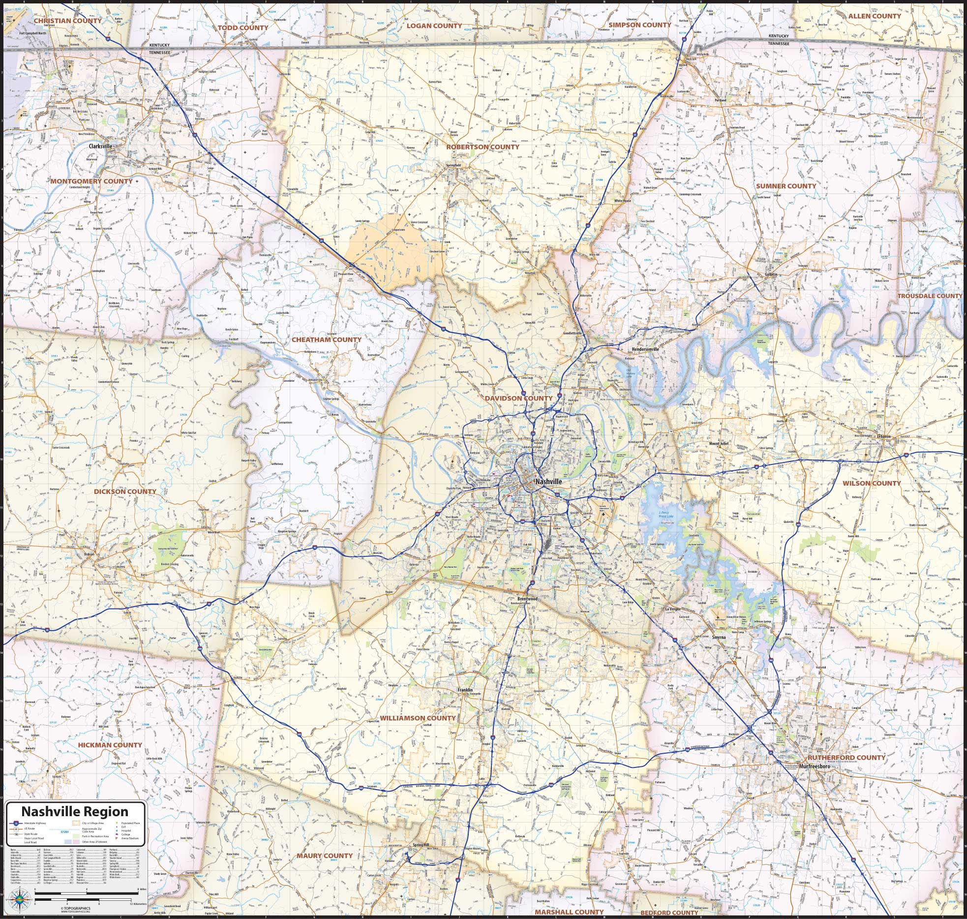 Nashville Region Laminated Wall Map