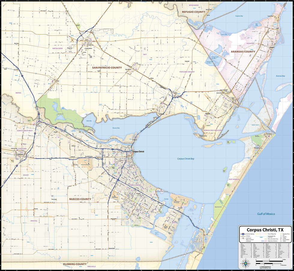 Corpus Christi Area Laminated Wall Map topographics
