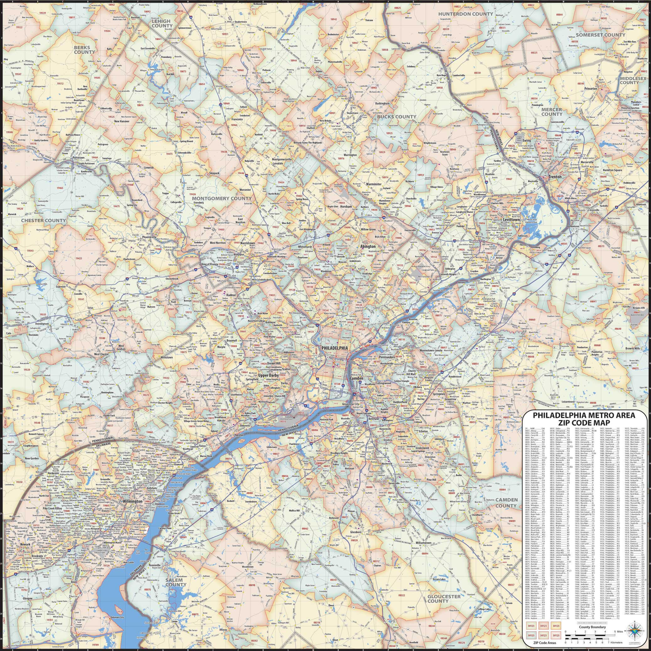 Philadelphia Metro Area ZIP Code Laminated Map