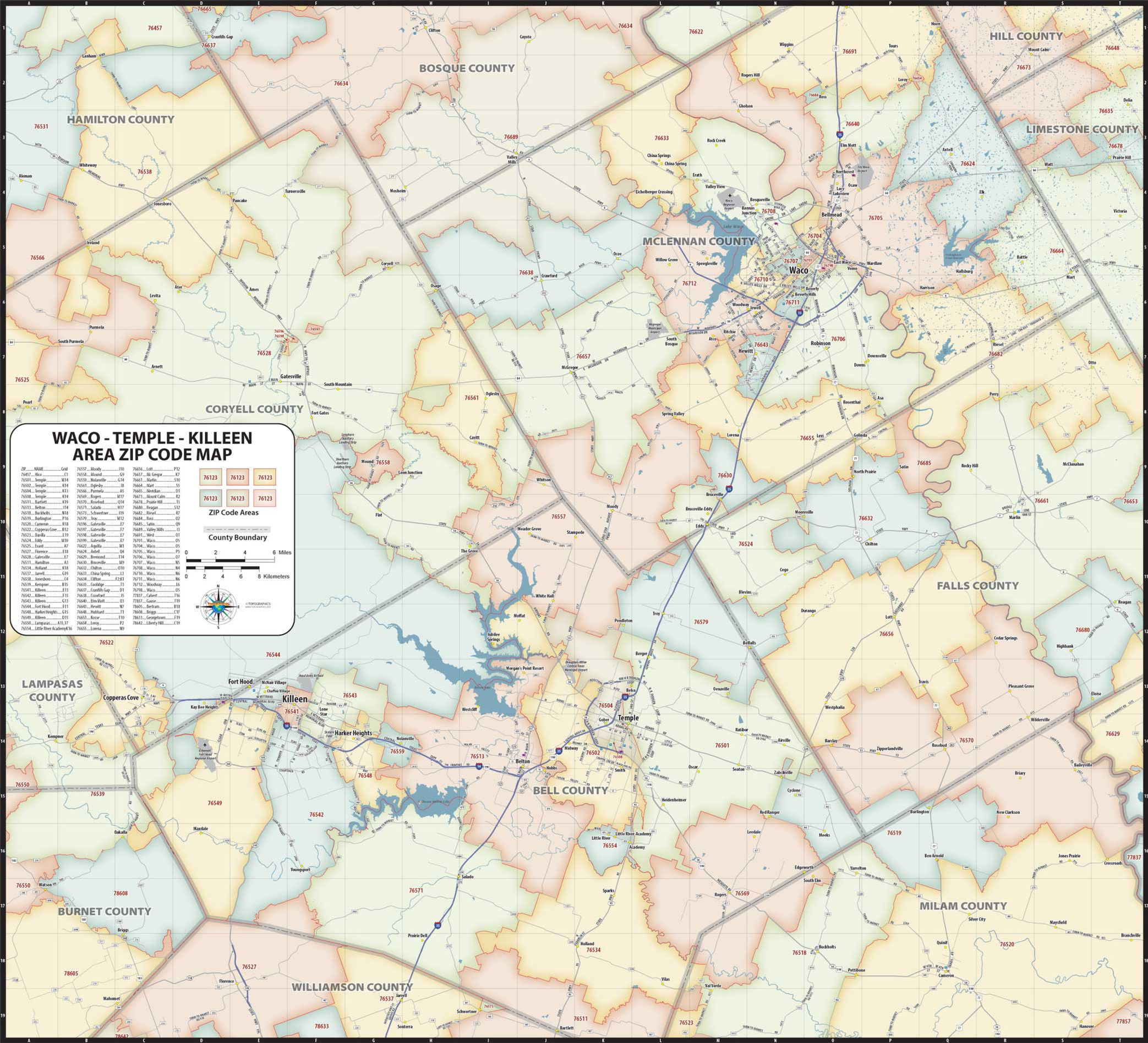 Waco - Temple - Killeen TX ZIP Code Laminated Map