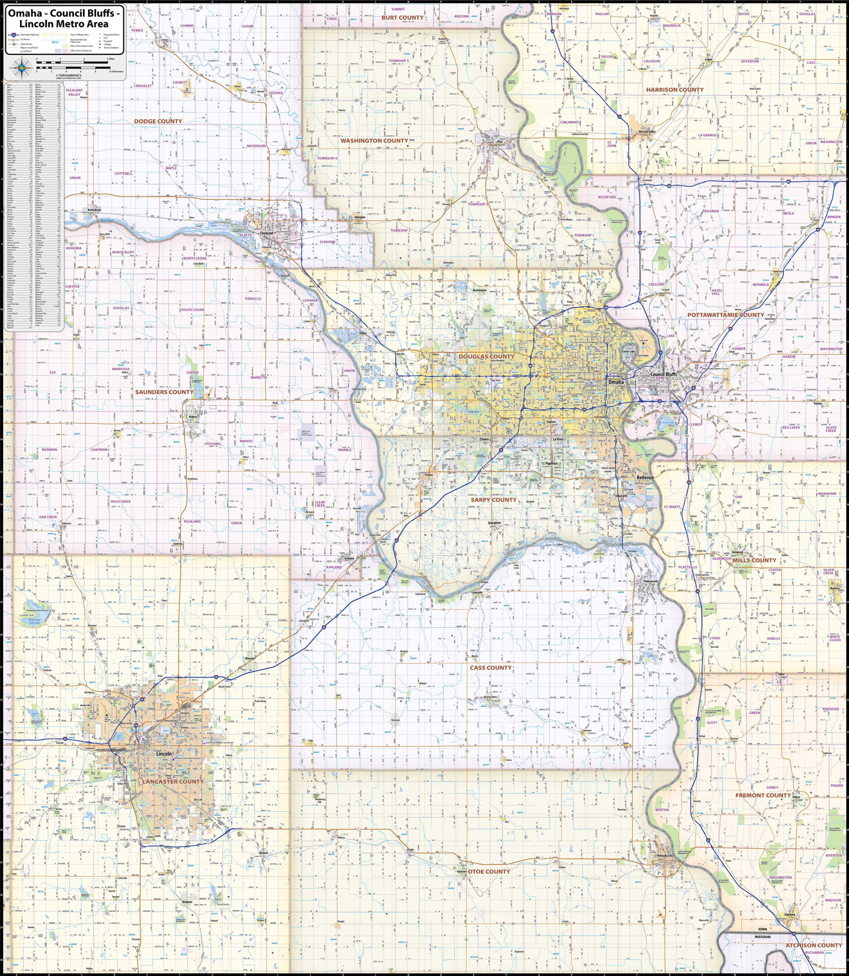 Omaha - Council Bluffs - Lincoln Metro Area Laminated Map