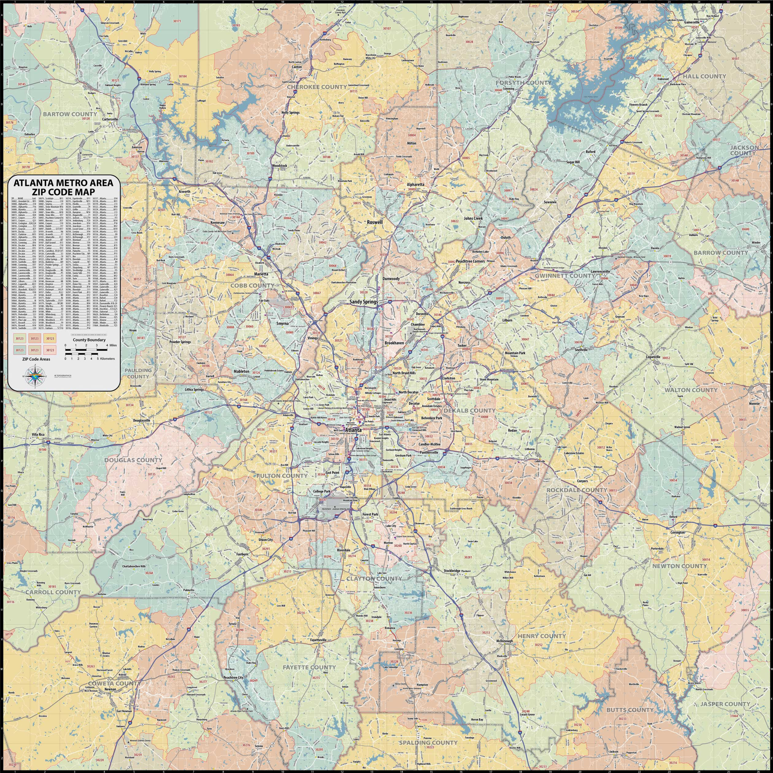 Atlanta Metro Area ZIP Code Laminated Map