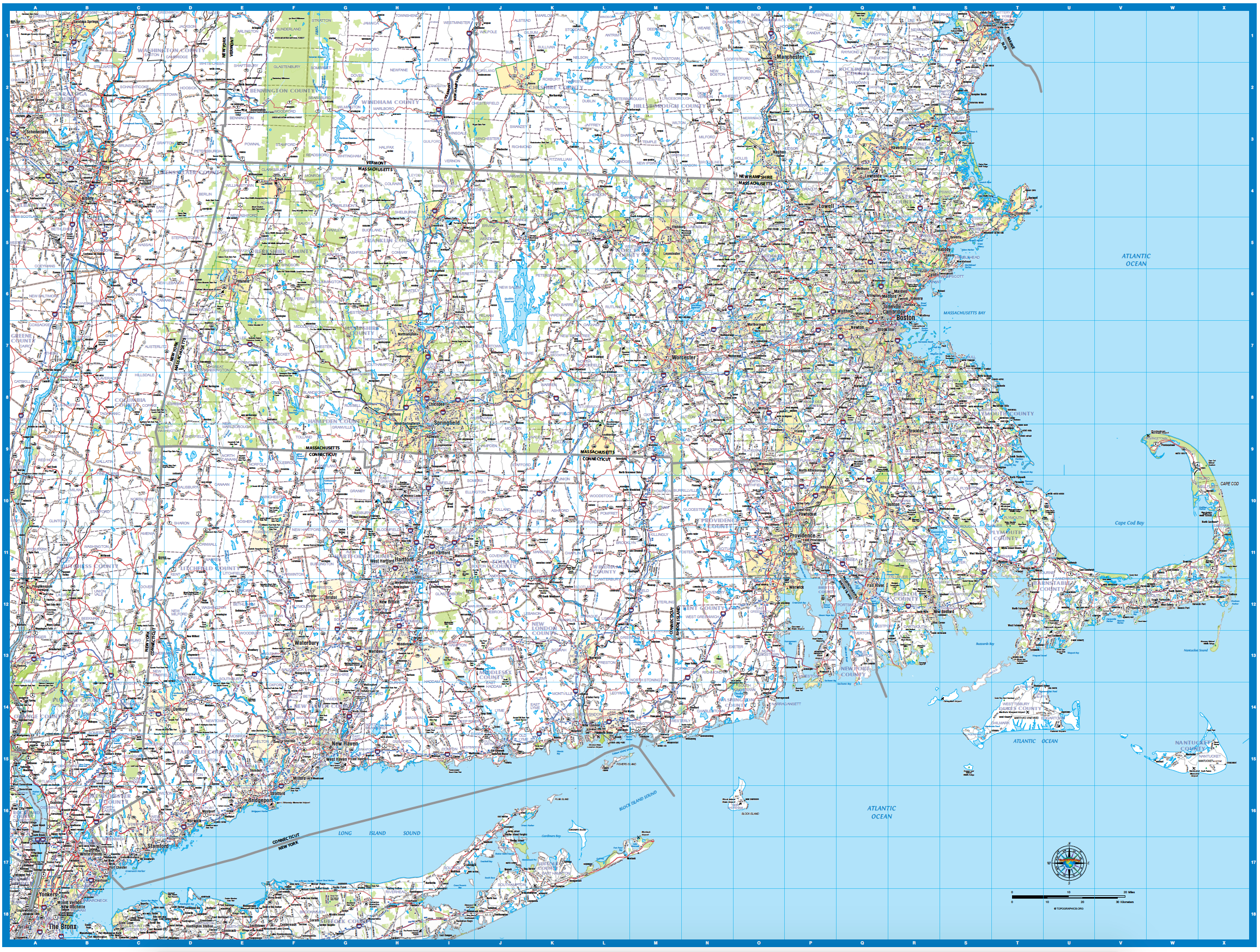 Southern New England Laminated Wall Map