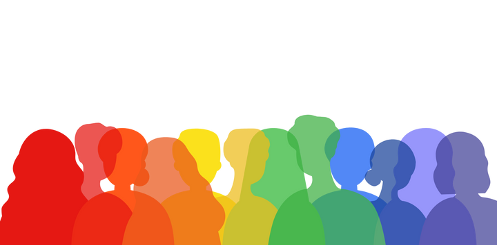 Silhouettes of diverse people, each in a different colour of the rainbow.