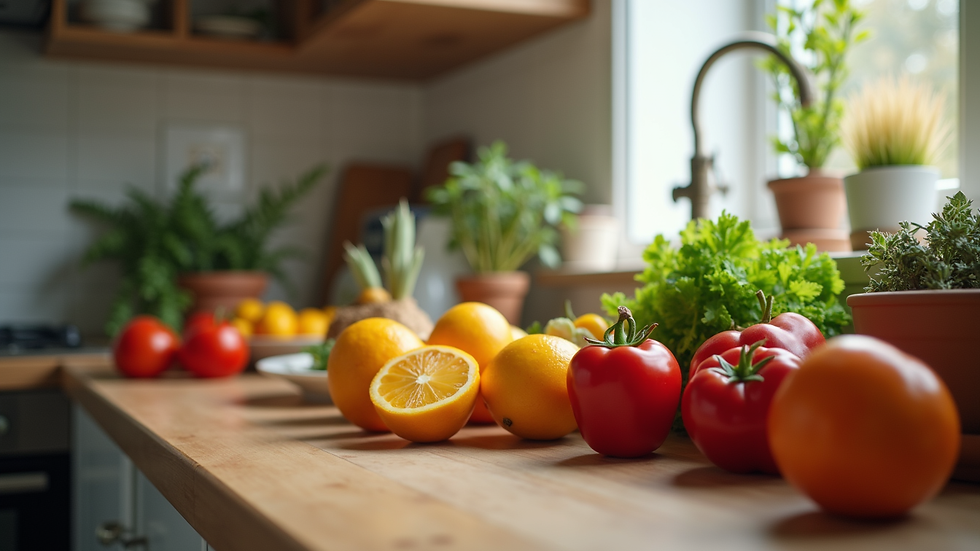 Eye-level view of a cozy kitchen with fresh fruits and vegetables