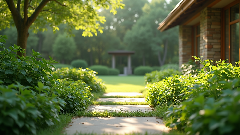 Eye-level view of a serene wellness garden with lush greenery