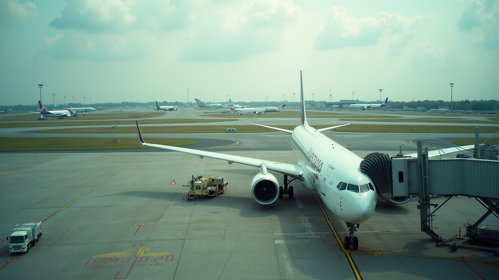 High angle view of a UK airport terminal with planes on the runway