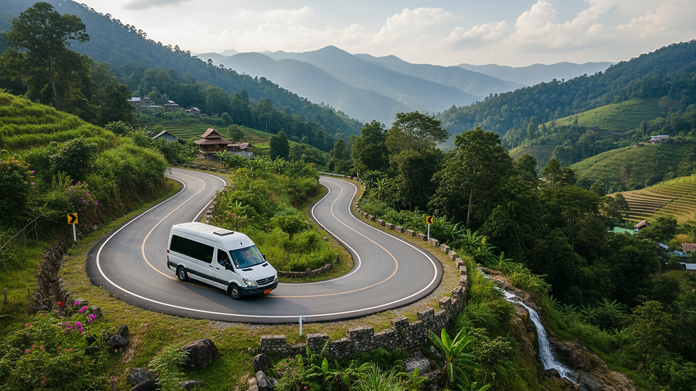 Wide angle view of a scenic mountain road in Chiang Mai with a private tour vehicle