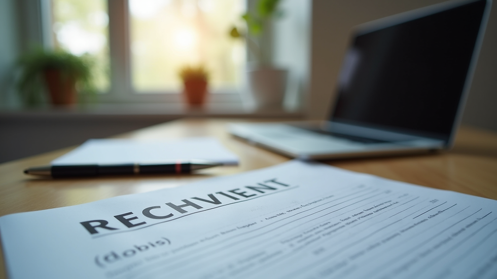 Eye-level view of a small business office with a laptop and recruitment documents