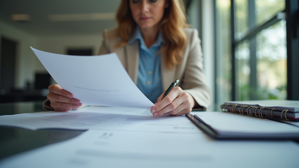 Close-up view of a recruitment consultant reviewing resumes in an office