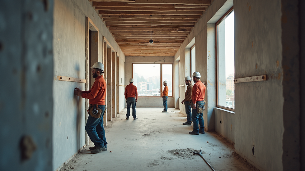 Vue en plongée d’un chantier de rénovation avec plusieurs artisans au travail