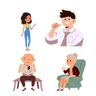 Uma menina, um homem, um idoso lendo jornal e uma idosa tomando um café na poltrona