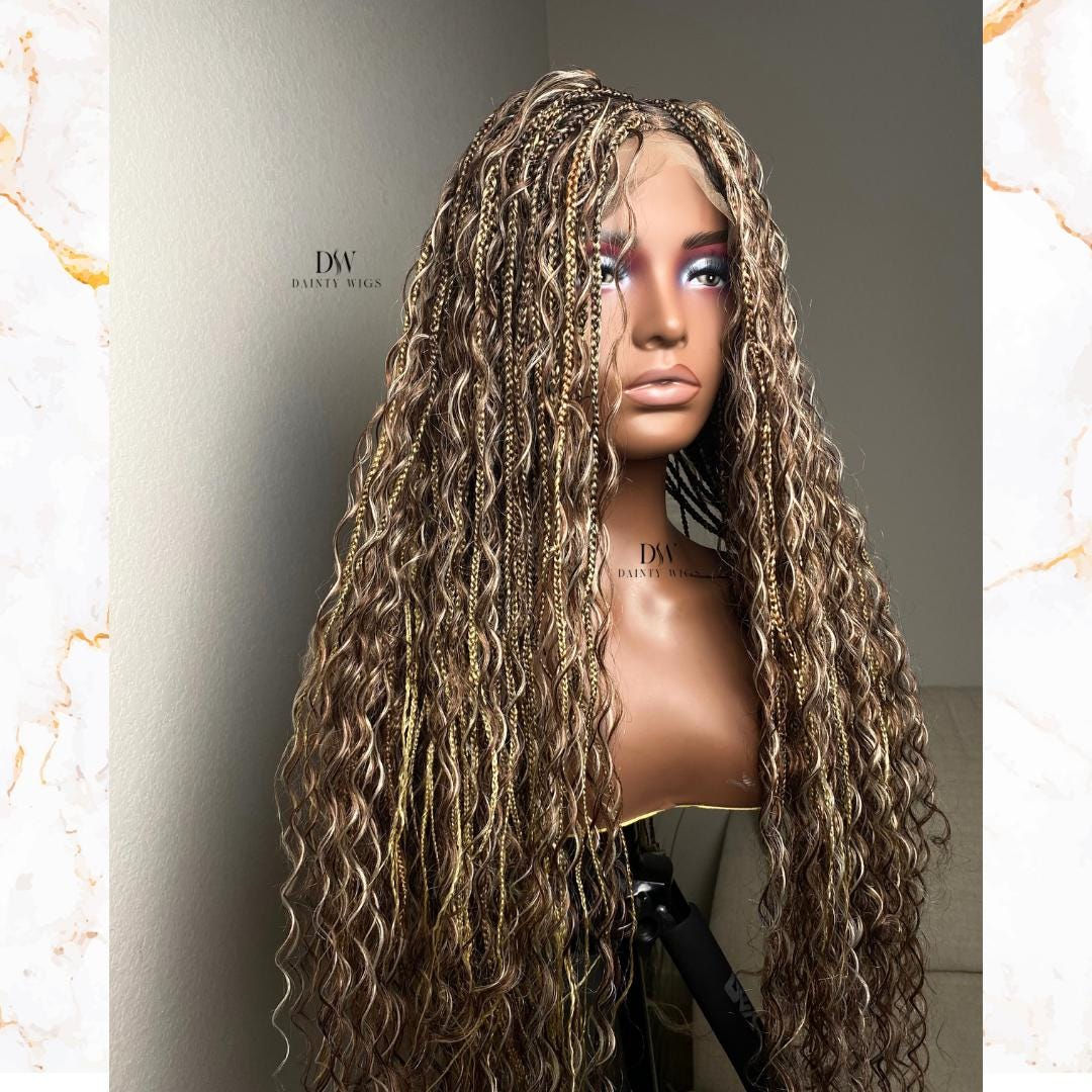 blonde mix Boho Knotless Braids Wig - boho knotless braided wig - ready to ship
