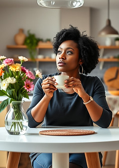 A middle aged African American woman staring off into the distance with a look of determin