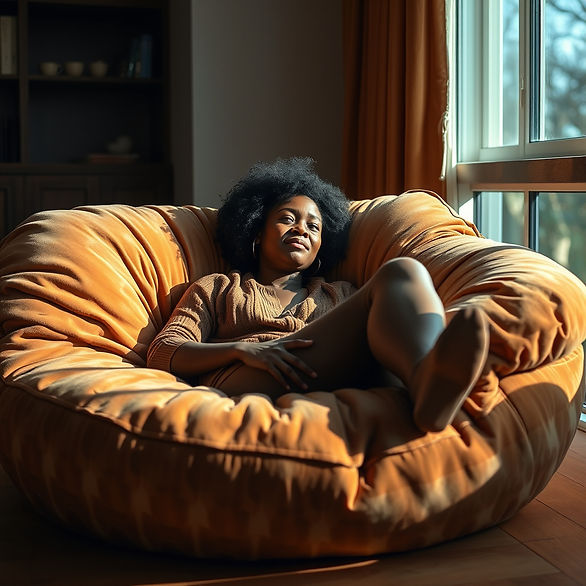 A realisticAfrican American woman, her gaze gentle and optimistically contemplative, loung