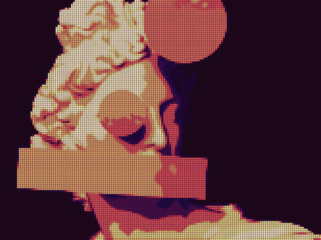 Illustration artistique d’une sculpture classique stylisée en grille de pixels, avec des formes géométriques superposées. Ce visuel met en avant le rendu matriciel à travers un traitement graphique digital.