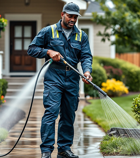 a professional photoshoot of a black man in jumpsuit uniform, pressure power washing a sid