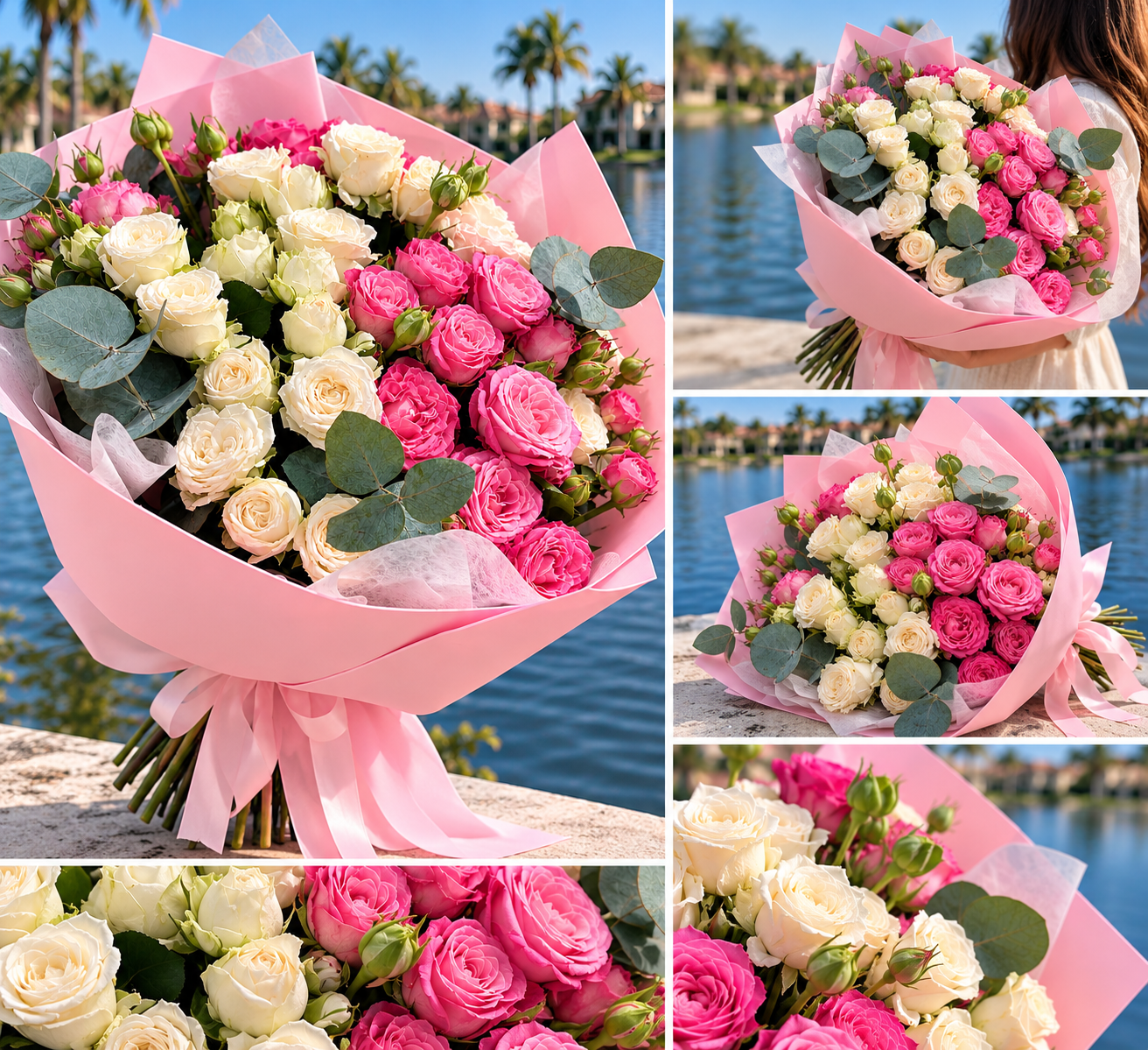 Luxury pink and white rose bouquet with eucalyptus by Naples florist