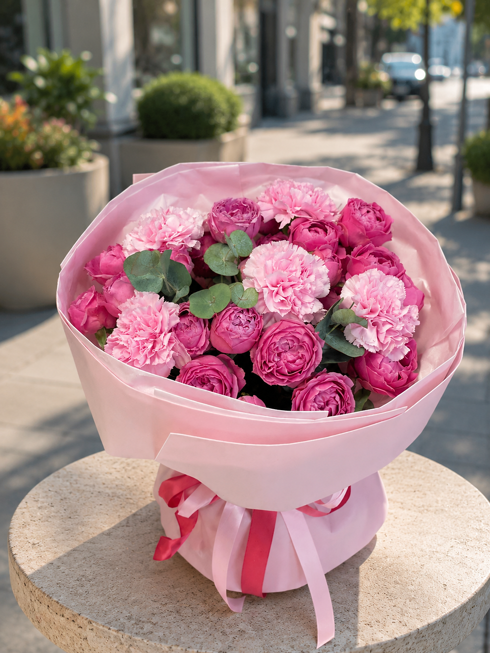 Luxury bouquet of premium pink garden roses, pink carnations, eucalyptus, and blush wrapping for same-day flower delivery in