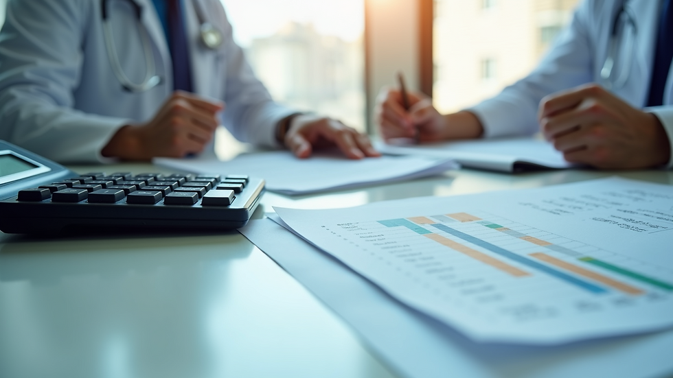 Eye-level view of a medical office desk with financial documents and a calculator