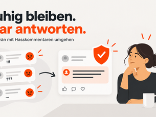 Illustration einer Unternehmensseite mit Kommentaren und den Moderationsoptionen Antworten, Melden und Löschen.