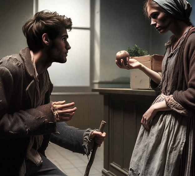 Margaret Hare offers Jamie Wilson an apple