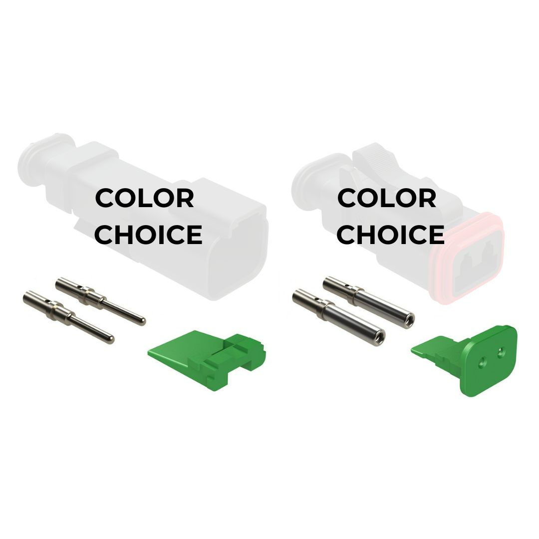 2 Cavity Receptacle and Plug Complete Kit, Strain Relief, Color of Choice: Black BLK BK, Blue BLU BL, Brown BRN BN, Green GRN GN, Grey GRY GY, Orange ORG OR, Red RD, White WHT WT, Yellow YL. Strain Relieved with heat shrink boot lip or boot from Prowire USA. 2 Position, way, cavity. Useful for inline connections of up to 13 amps continuous each cavity. Amphenol AT AT2-N comparable to Deutsch DT DT2-N. Cost effective solution for automotive, racing, and motorsport wiring connectors. Lightweight engineered plastic electrical connector kit.