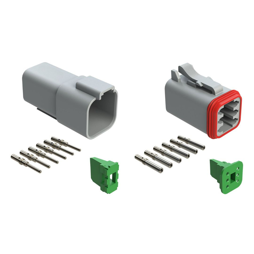 6 Cavity Receptacle and Plug Kit, Grey GRY GY. 6 Position, way, cavity. Useful for inline connections of up to 13 amps continuous each cavity. Amphenol AT AT6-N comparable to Deutsch DT DT6-N. Cost effective solution for automotive, racing, and motorsport wiring connectors. Lightweight engineered plastic electrical connector kit.