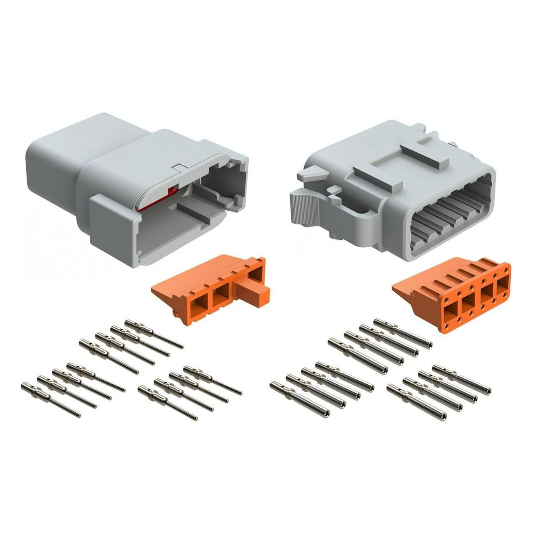 12 Cavity Receptacle and Plug Complete Kit, Grey GRY GY, Key A. 12 Position, way, cavity. Useful for sensors and other inline connections of up to 7.5 amps continuous each cavity. Amphenol ATM ATM12-N comparable to Deutsch DTM DTM12-N. Cost effective solution for automotive, racing, and motorsport wiring connectors. Lightweight engineered plastic electrical connector kit.