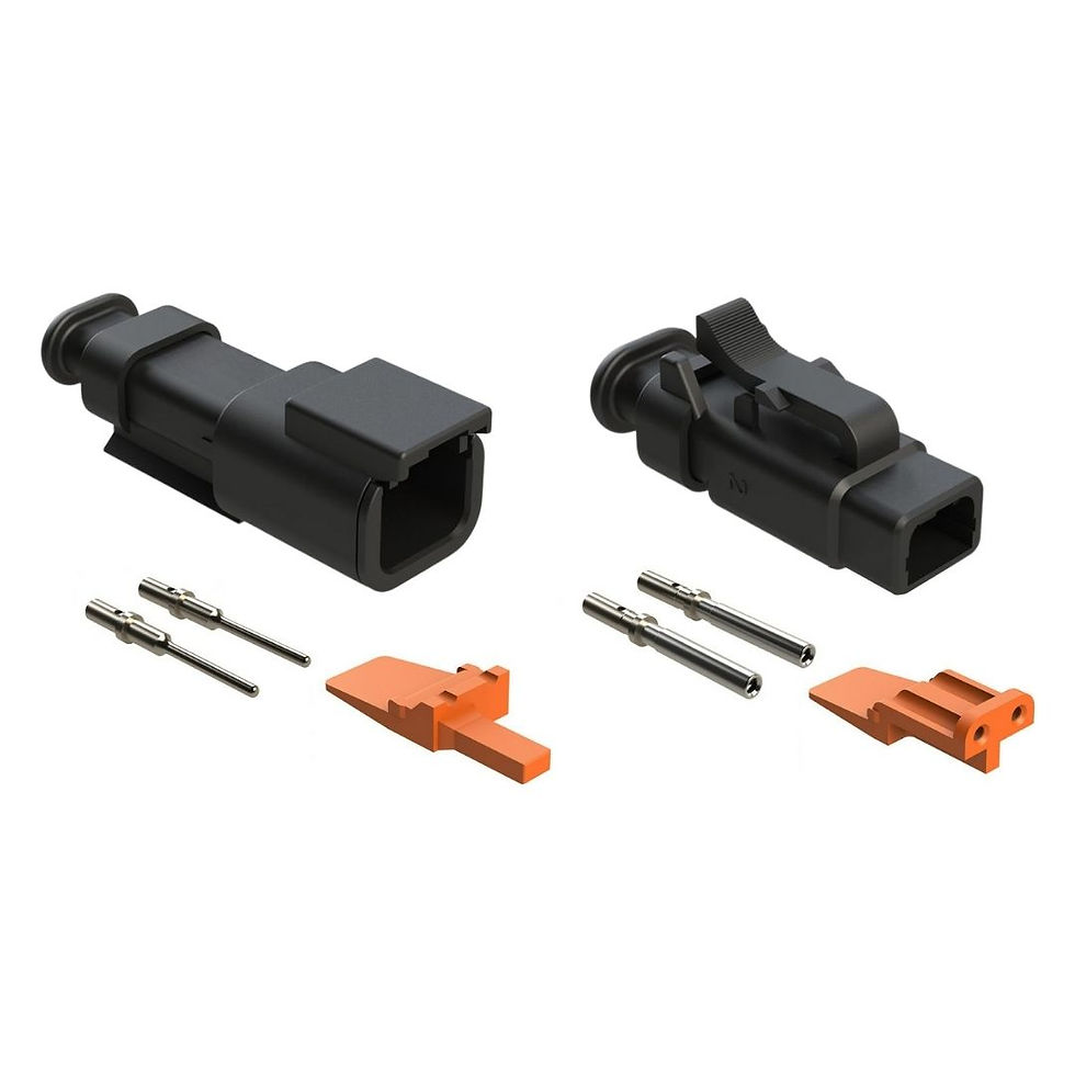 2 Cavity ATM Strain Relief Complete Connector Kit, Black BLK BK. 2-way, 2 position. Strain Relieved with Heat shrink boot lip. Amphenol ATM, ATM2-N-SR compatible and Comparable to Duetsch DTM, DTM2-N Colored. Accepts Size 20 Contacts, 18-24awg, up to 7.5 amp continuous current. Connectors for sensors and other low current automotive devices. Cost effective solution for automotive, racing, and Motorsport wiring harness connectors.