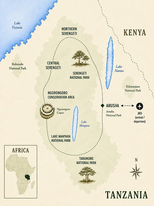 Map of northern Tanzania showing the Great Migration route through Tarangire National Park, Lake Manyara National Park, Ngorongoro Conervation Area, Central Serengeti, and Northern Serengeti.
