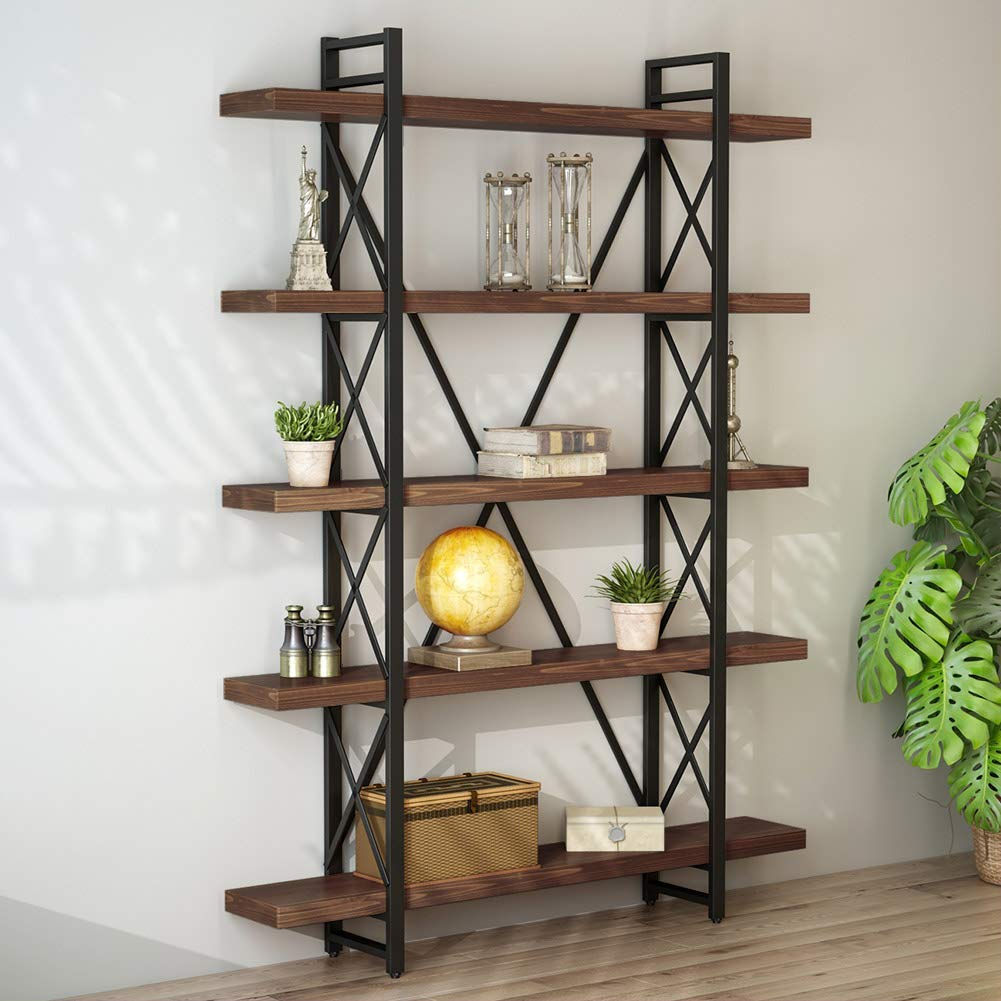 LITTLE TREE Solid Wood 5 Shelf Industrial Style Bookcase and Book Shelves, Meta