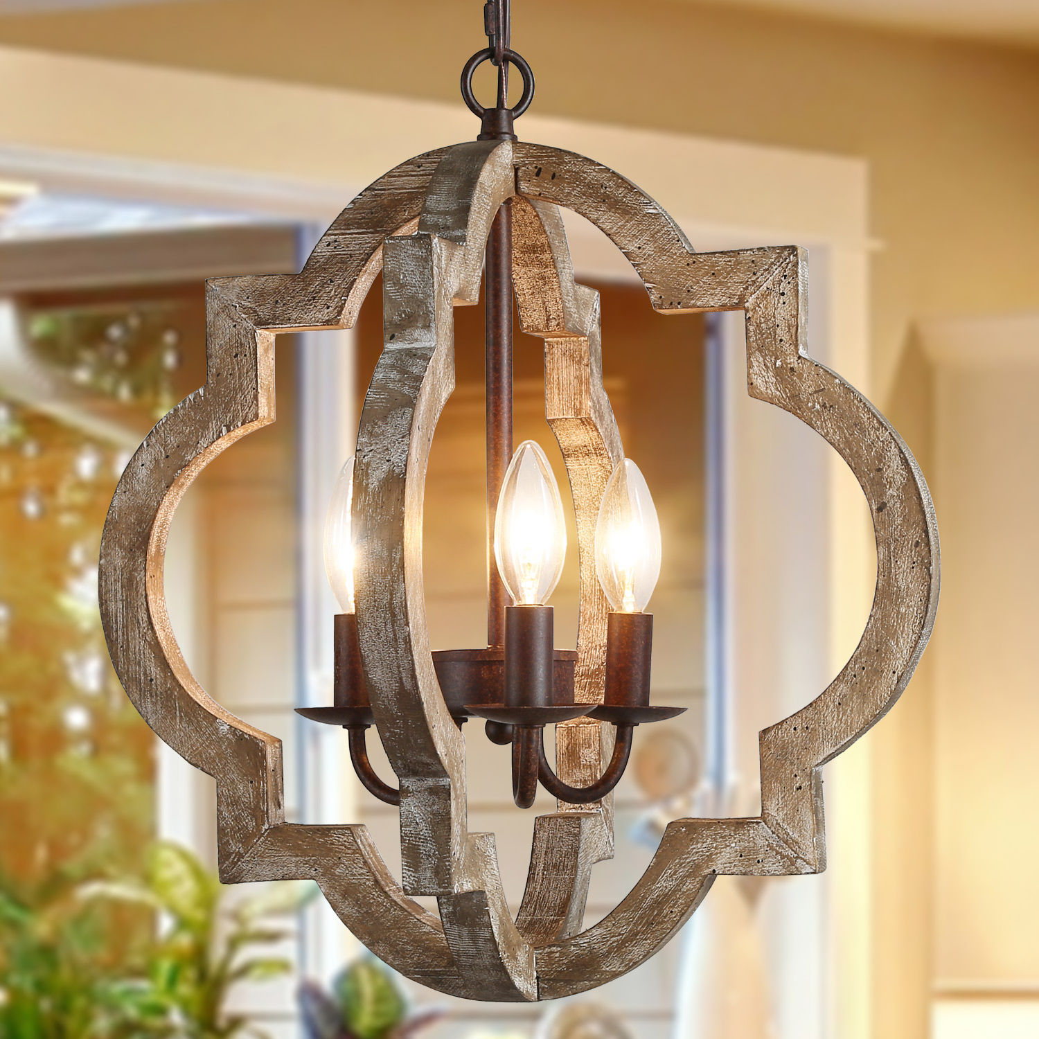 LNC Farmhouse Rustic Chandeliers 3-Lights Adjustable Height Wood Vintage Pendan