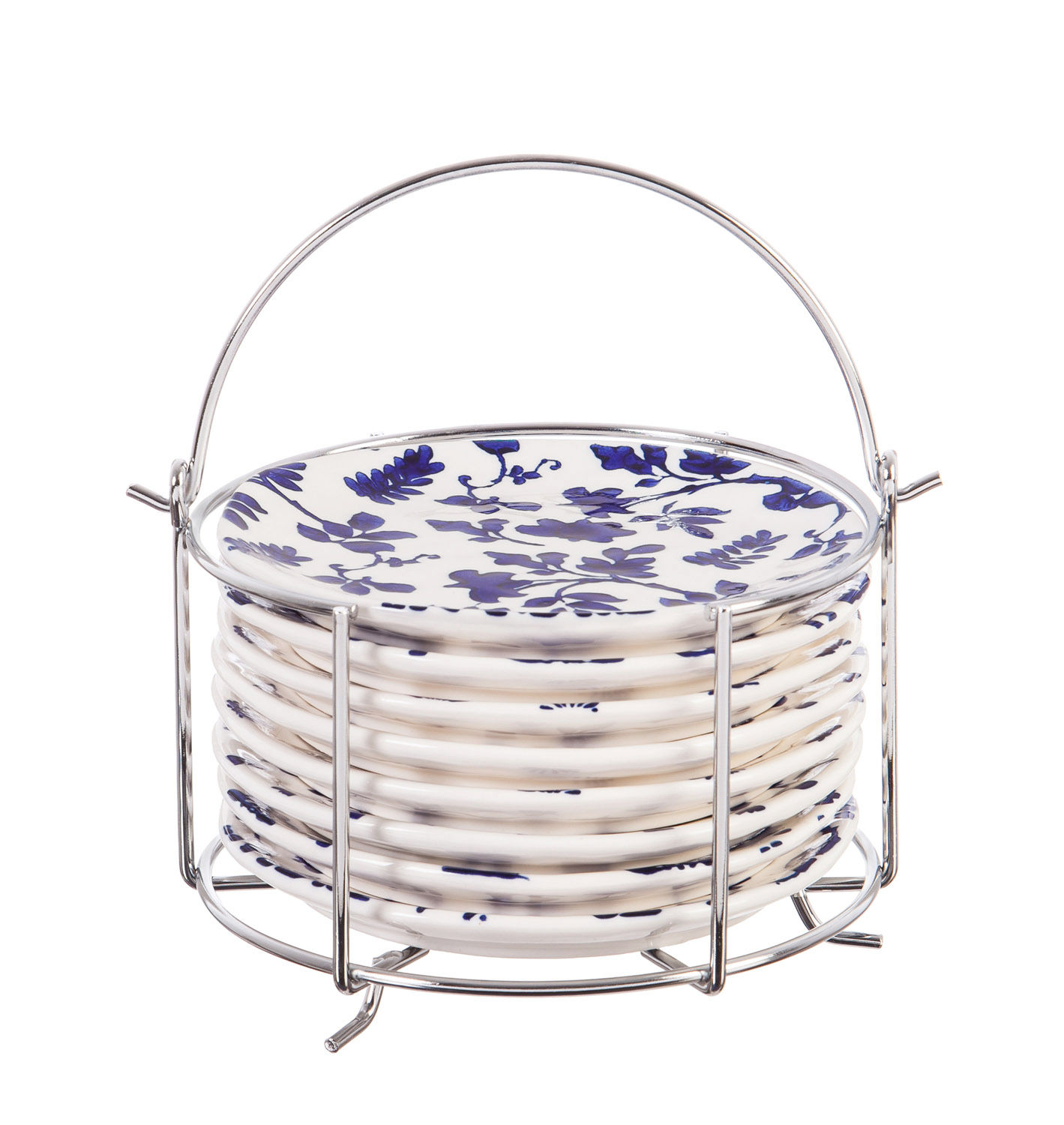 Evergreen Debossed Ceramic 6'' Appetizer Plate withcaddy, Blue Floral Toile