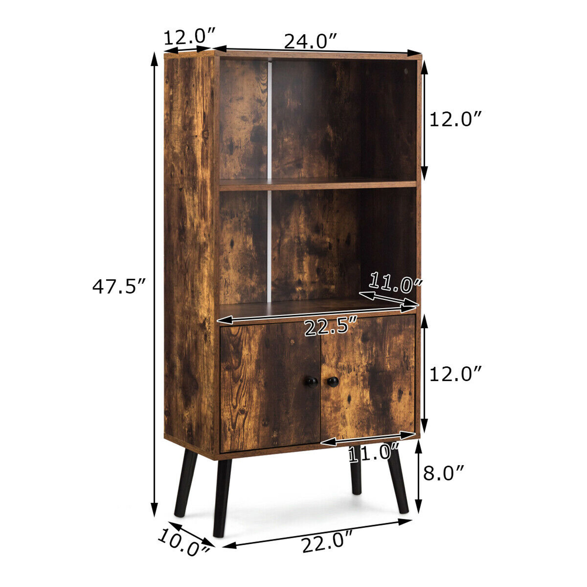 Gymax 2-Tier Retro Bookcase Bookshelf w/3 Compartment&2 Doors Industrial Cabinet