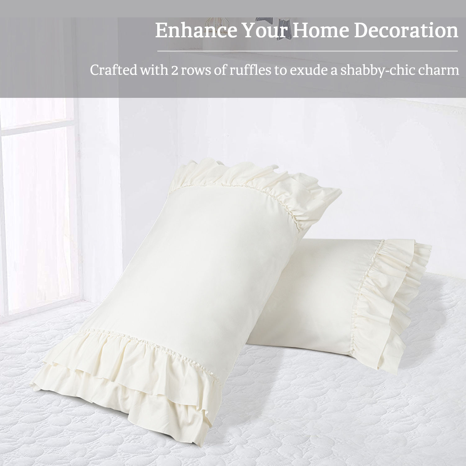 HIG Pack of 2 Shabby Chic Ruffle Pillow Shams, Queen Size Ivory French Country 