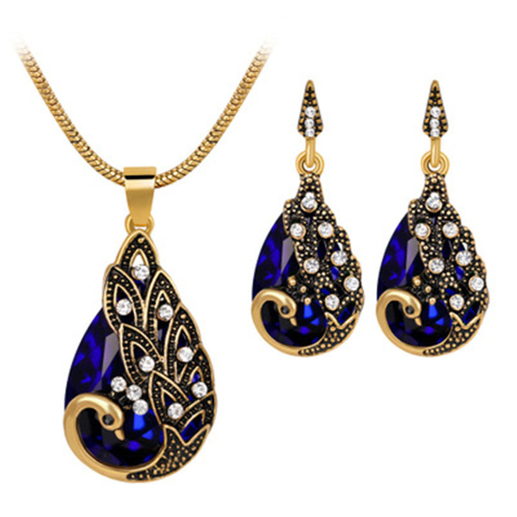 snorda Women's Peacock Pendant Earring Necklace Vintage Wedding Jewellery Set