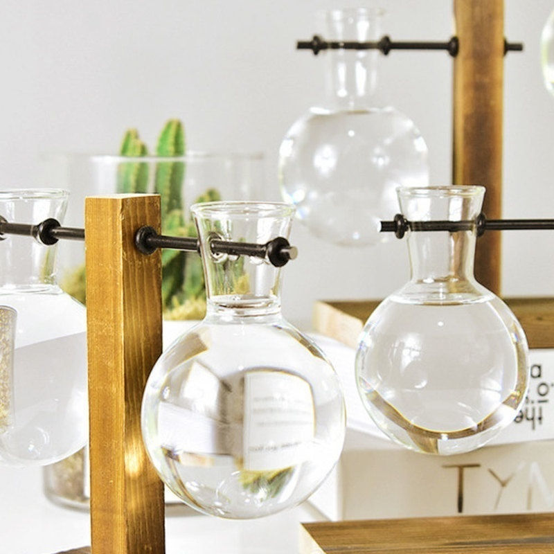 Thumbnail: ODOMY Vintage Hydroponic Plant Vases Transparent Flower Pot Wooden Frame Glass 