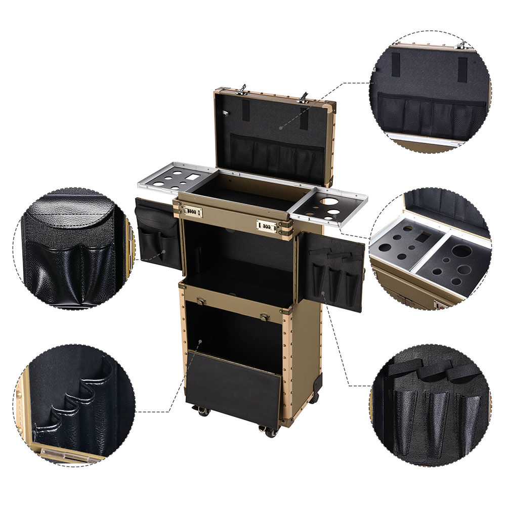 AW Vintage Rolling Makeup Case with 360 Degree 4-Wheels Code Keys Lockable Hair