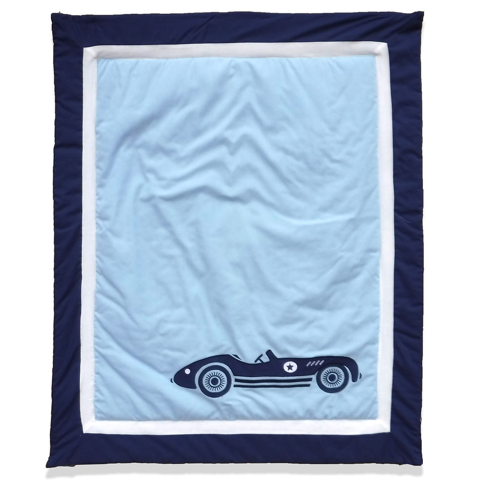 Thumbnail: Pam Grace Creations Race cars 10 Piece Crib Bedding Set / Navy Blue and Baby Bl