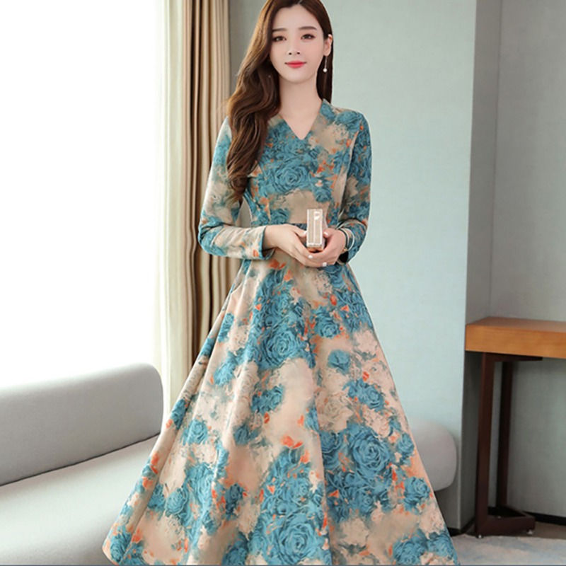 Thumbnail: Women V-neck Long Sleeve Vintage Big Swing Elegant Princess Print Dress