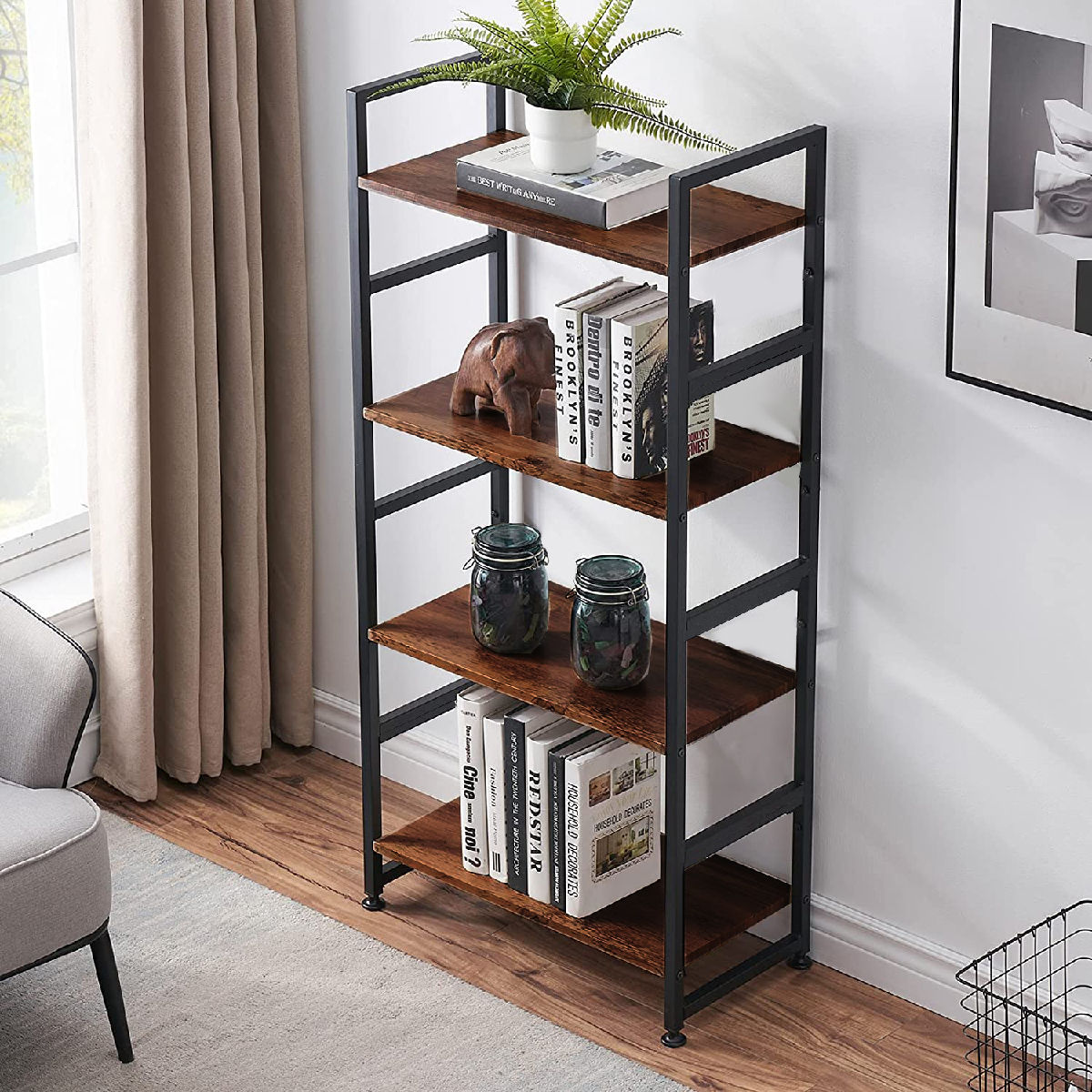 Industrial Bookshelf, 4-Tier Bookcase Vintage Rustic Large Storage Rack Shelves